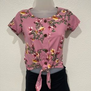 dream girl purple floral button down tie front short sleeve crop top shirt